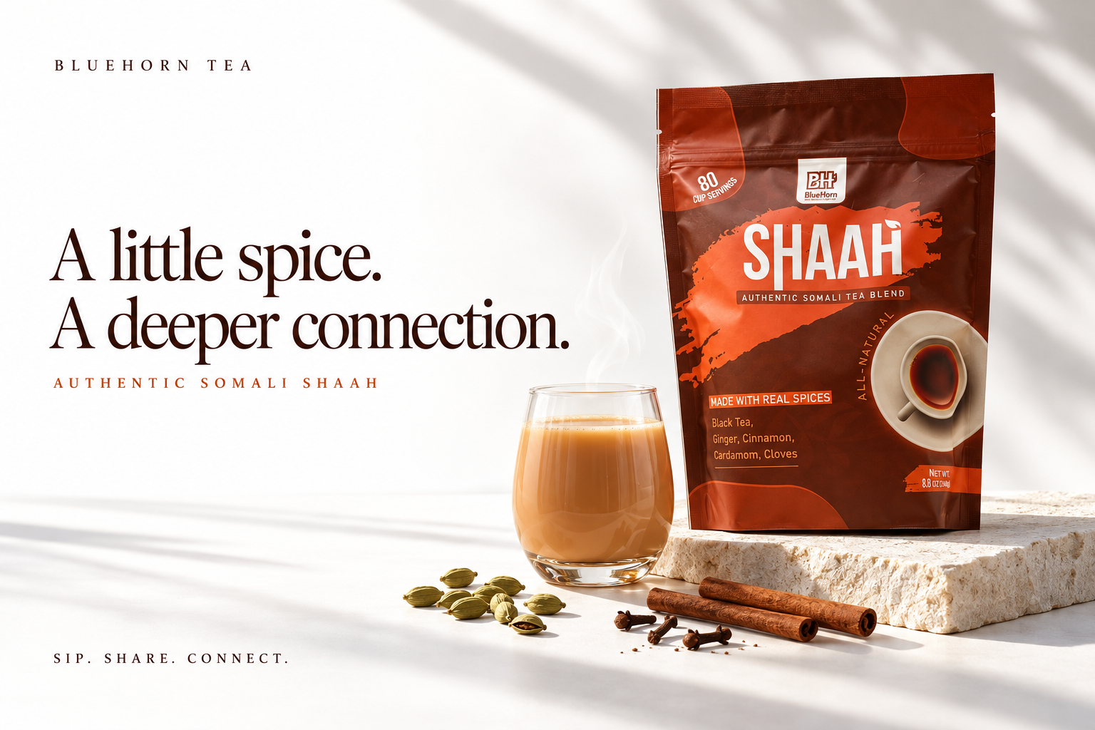 BlueHorn Tea. A little spice. A deeper connection. Authentic Somali Shaah.
